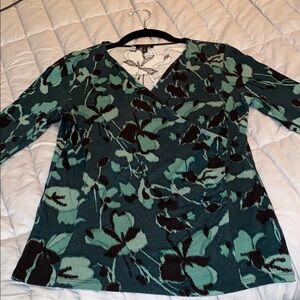 Talbots Green and Black Floral Blouse
